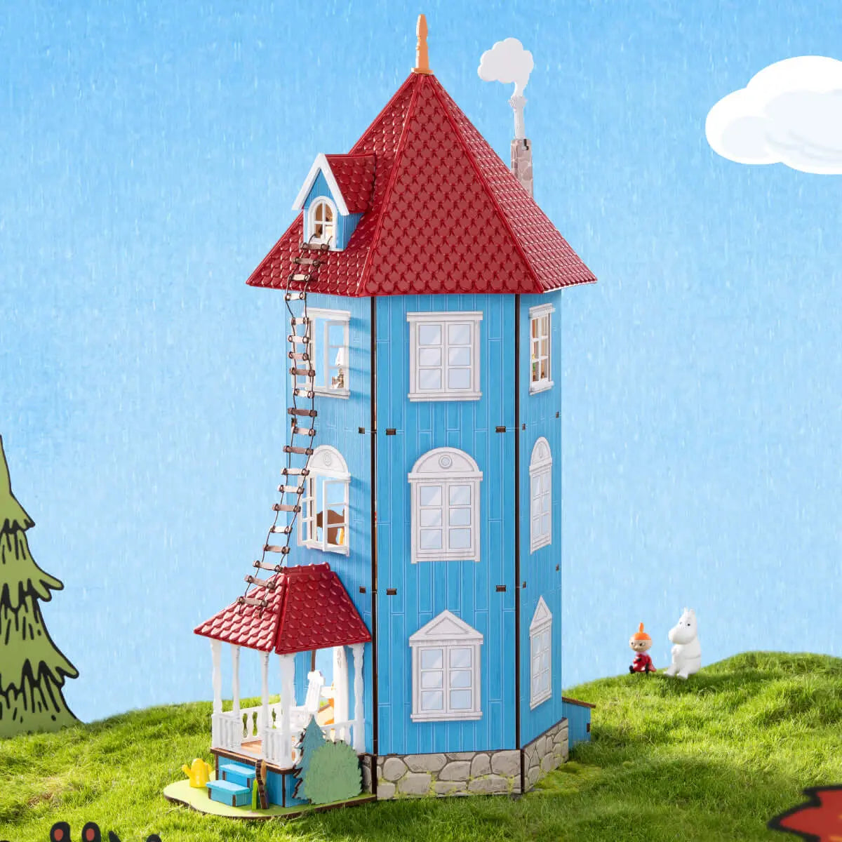 Blue exterior and red roof of the Rolife Moominhouse miniature, with a side porch and ladder