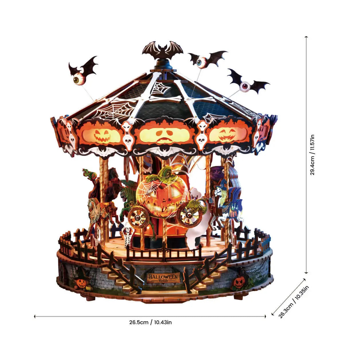 Phantom Waltz AMS04 size chart showing a finished carousel 26.5 cm wide, 26.3 cm deep and 29.4 cm high.
