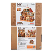 Front and back packaging for the Rolife Clockwise Clocks DH104 DIY miniature house kit, marked 739 pieces and ages 14+.