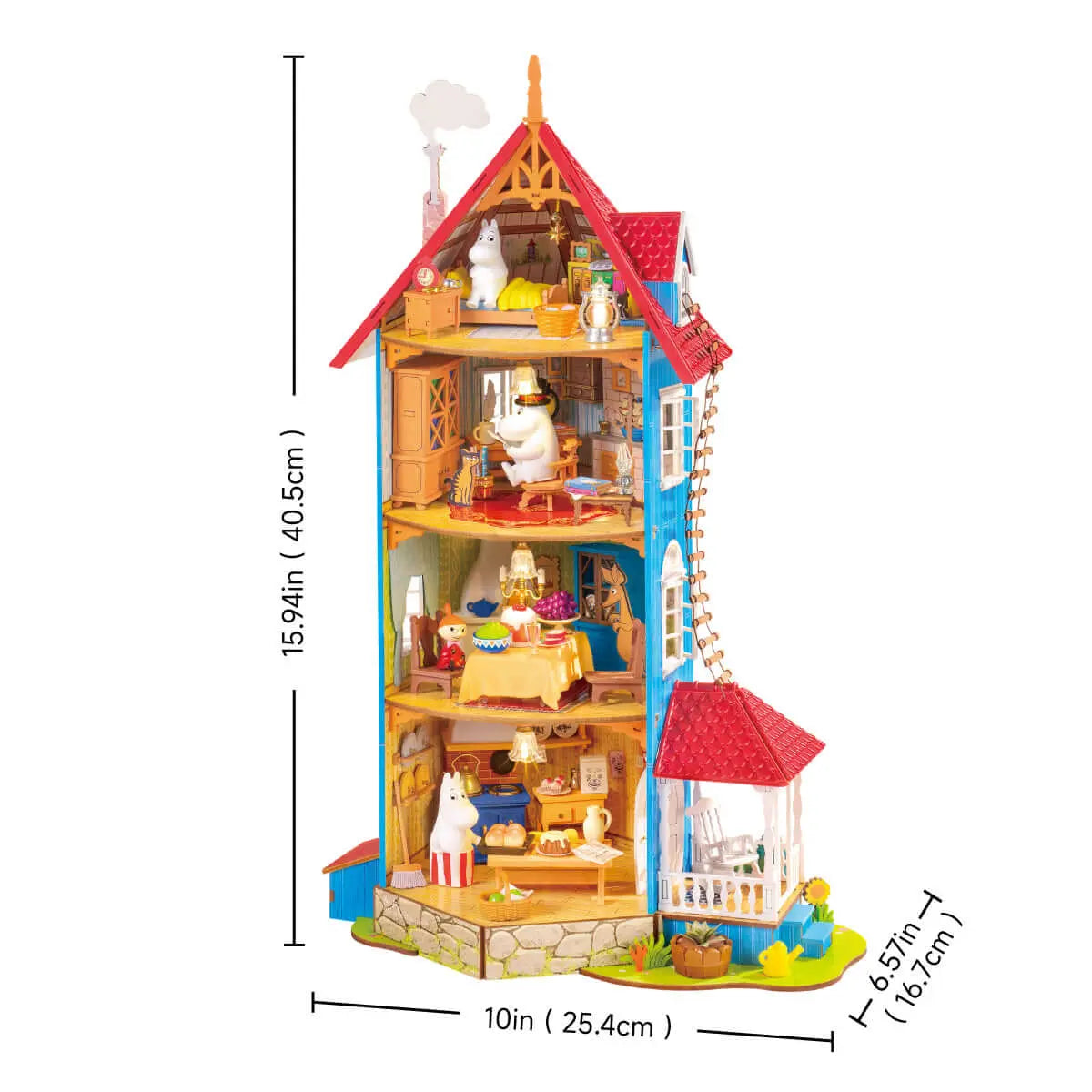 Rolife Moominhouse DA009 size chart showing 25.4 cm width, 16.7 cm depth and 40.5 cm height