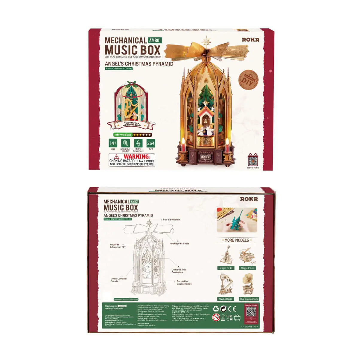 Front and back of the ROKR Angel’s Christmas Pyramid AMB01 kit box, labelled 264 pieces and ages 14+