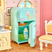 Pastel refrigerator and dining area inside Rolife Fairy Rose Cottage HH001