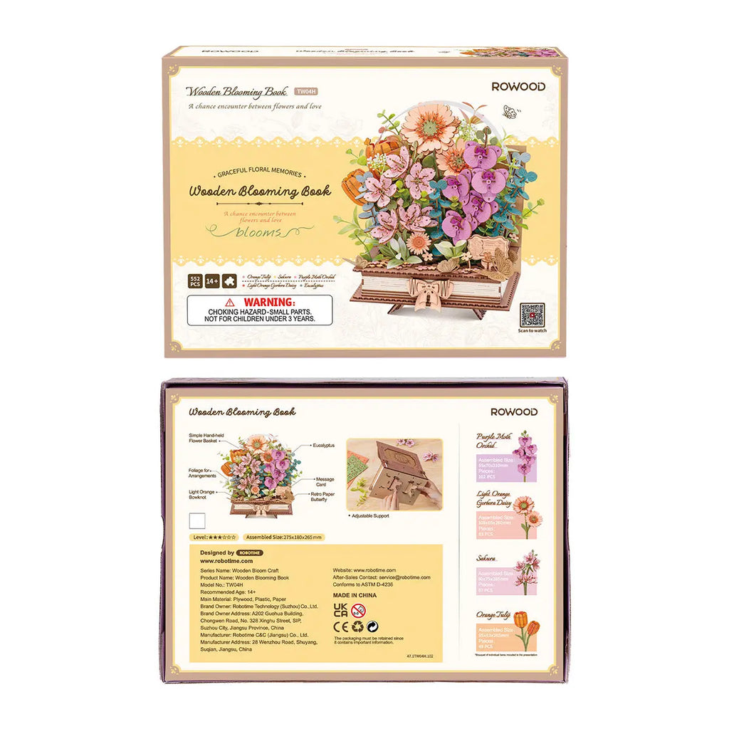 Rowood Wooden Blooming Book DIY Flower Bouquet 3D Wooden Puzzle Toys Quiz