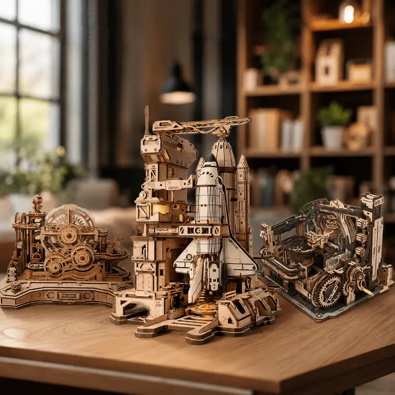 Completed 3D wooden mechanical puzzle displayed as home décor