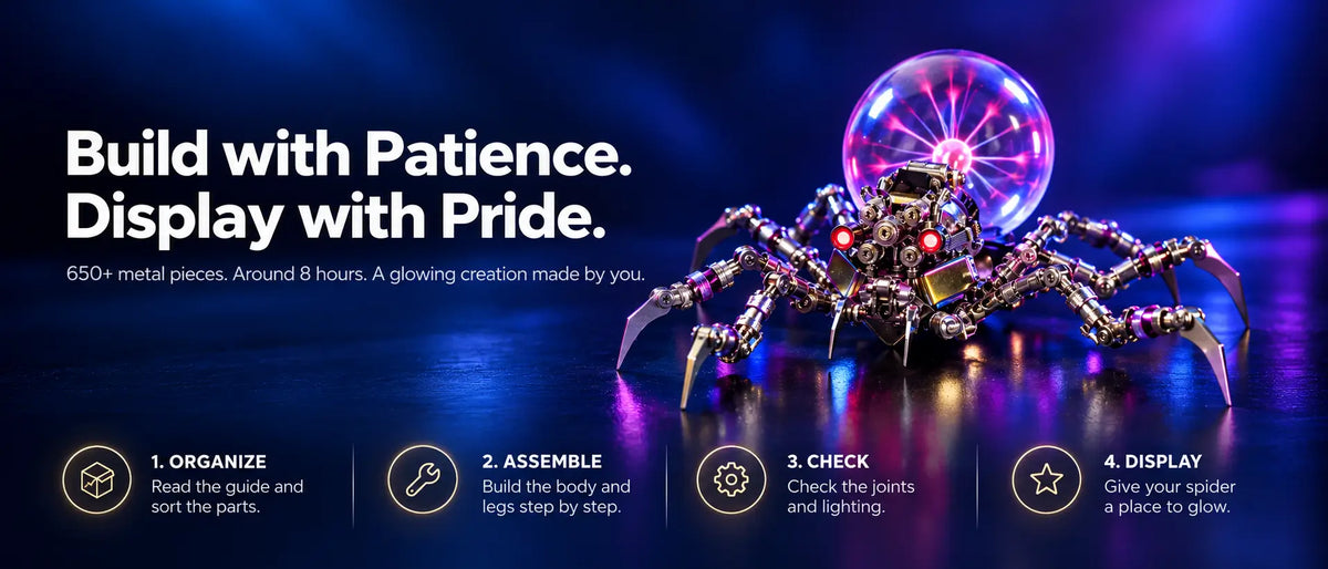 Mostarle Plasma Ball Spider with a glowing plasma ball and four build steps: organize, assemble, check and display.
