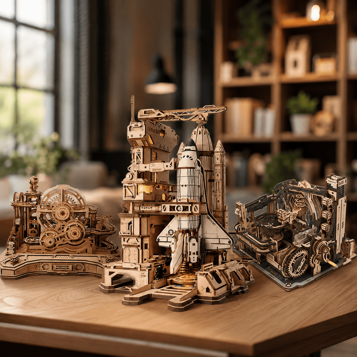 Completed 3D wooden mechanical puzzle displayed in a cozy room