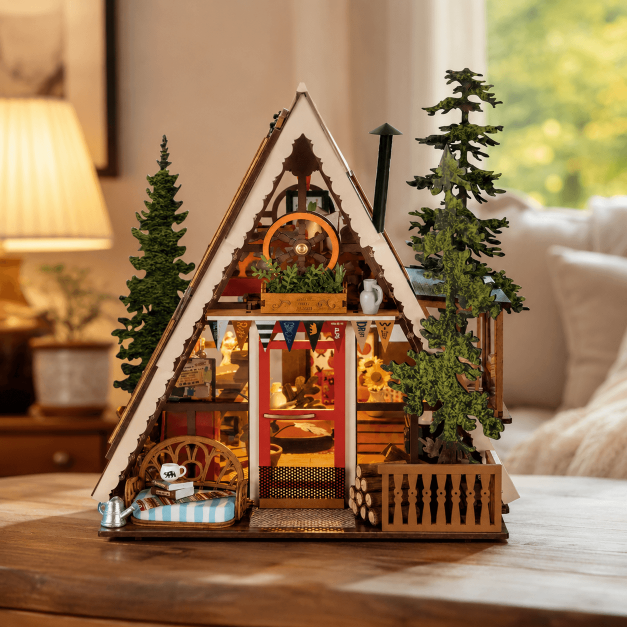 Detailed DIY miniature house with furnished rooms and warm lights