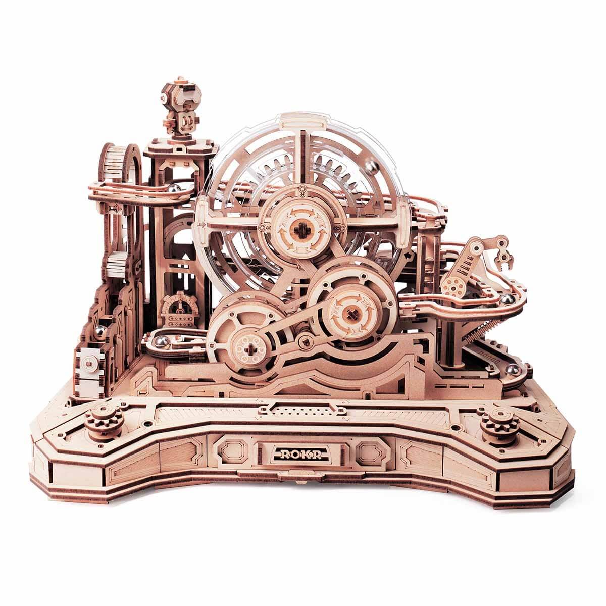 ROKR Gear Ball Challenge 3D Wooden Puzzle STEM Toy featuring intricate gears and marble run design, ideal for teens and adults.