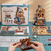 ROKR Happyduke Toys EAM01 kit contents with 305 pieces, instructions, packaging and completed model
