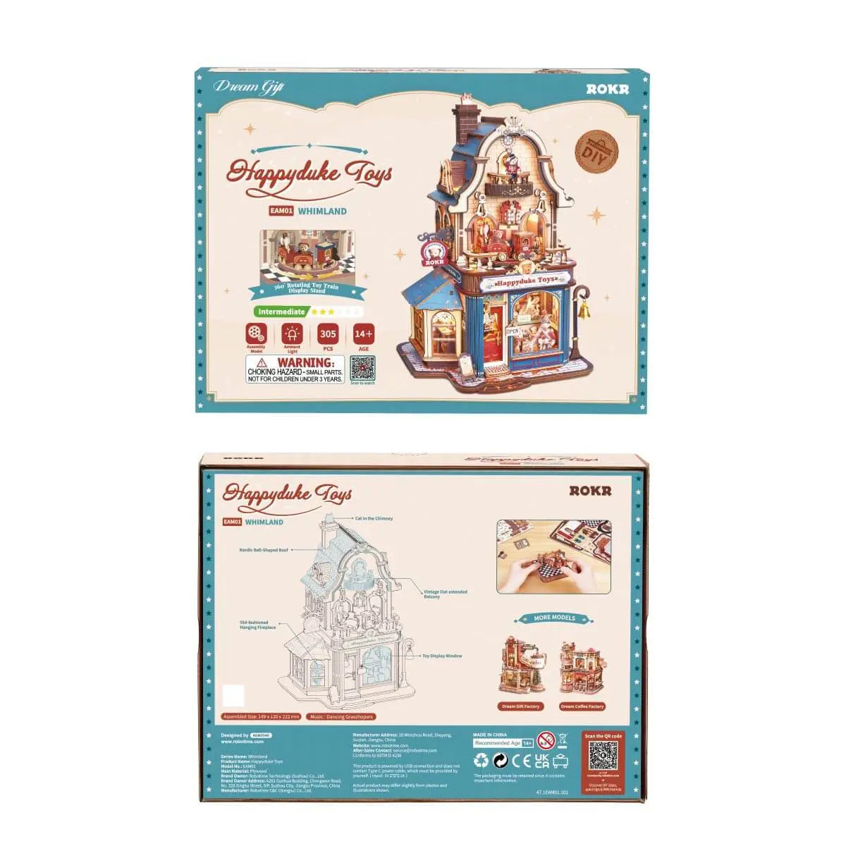 Front and back packaging for the ROKR Happyduke Toys EAM01 wooden 3D puzzle kit
