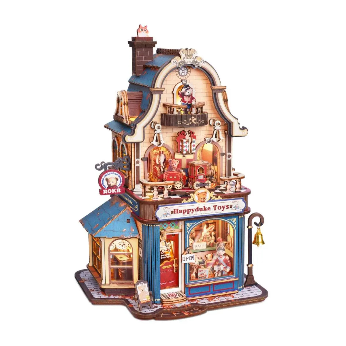 Completed ROKR Happyduke Toys EAM01 two-storey wooden 3D puzzle toy shop model