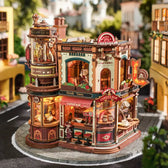 ROKR Dream Coffee Factory wooden model in a bright miniature street display