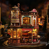 Illuminated ROKR Dream Coffee Factory with six ambient lights at night