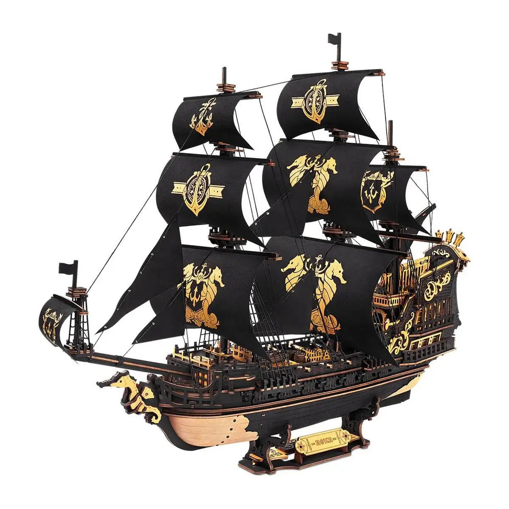 3D Wooden Puzzle – The Seahorse Barque Sailboat Model with black and gold sails