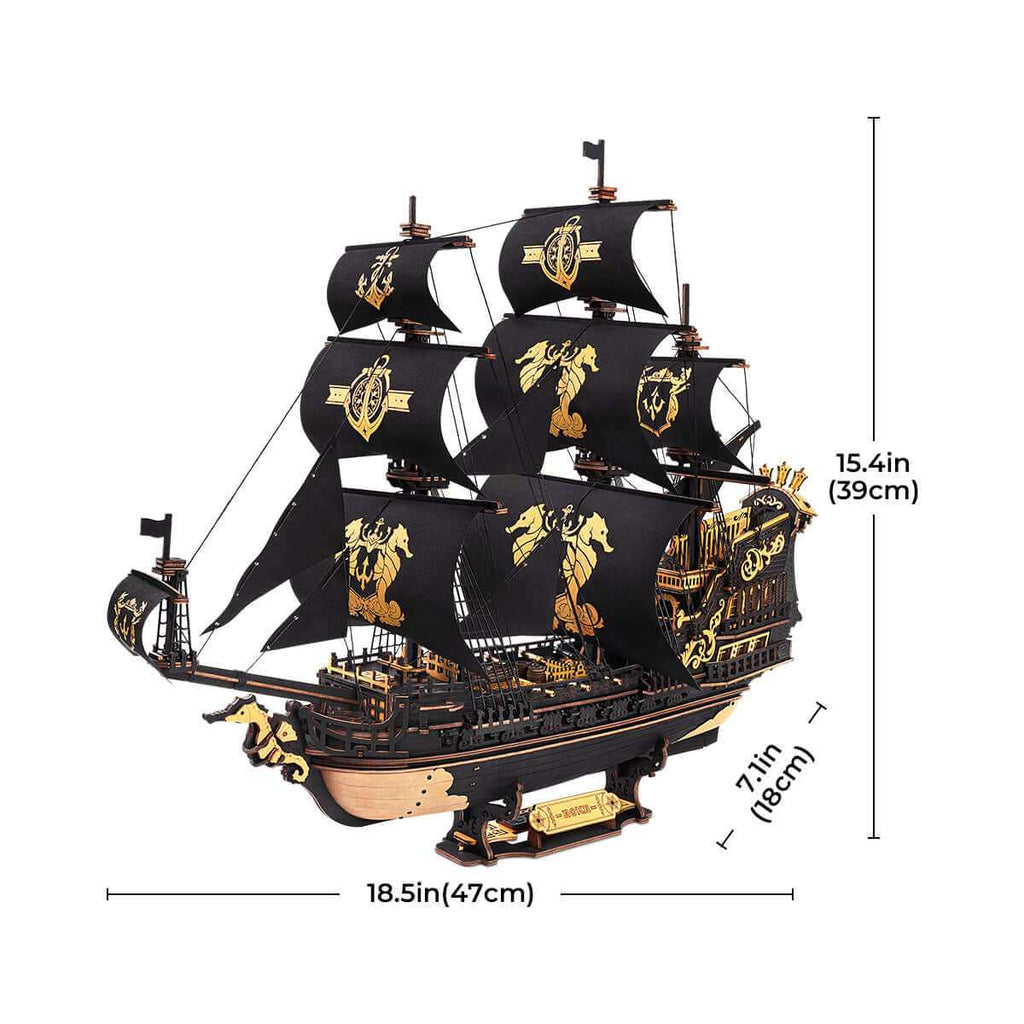 Dimensions of The Seahorse Barque 3D Wooden Puzzle shown as 18.5in long, 15.4in high, and 7.1in wide