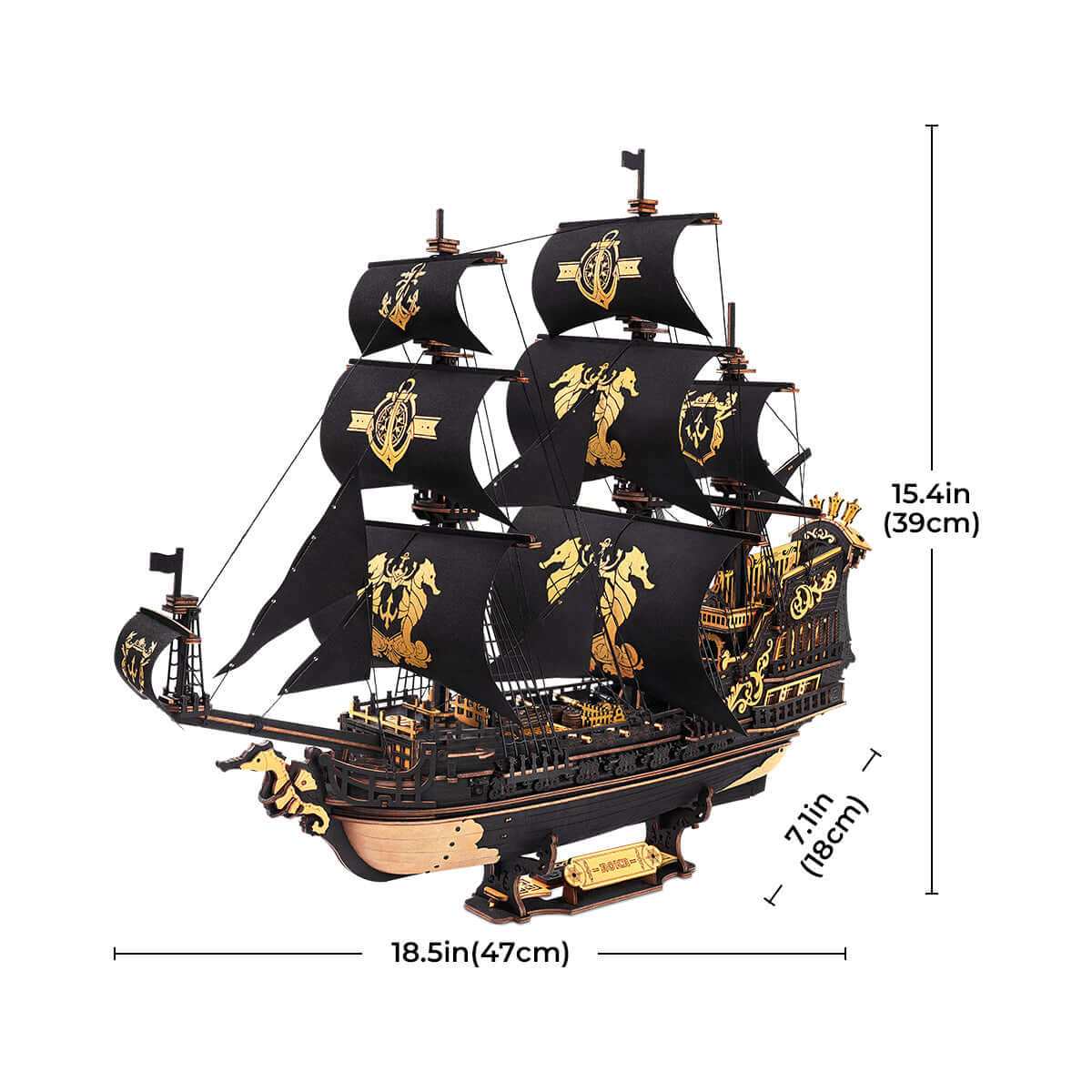 Dimensions of The Seahorse Barque 3D Wooden Puzzle shown as 18.5in long, 15.4in high, and 7.1in wide