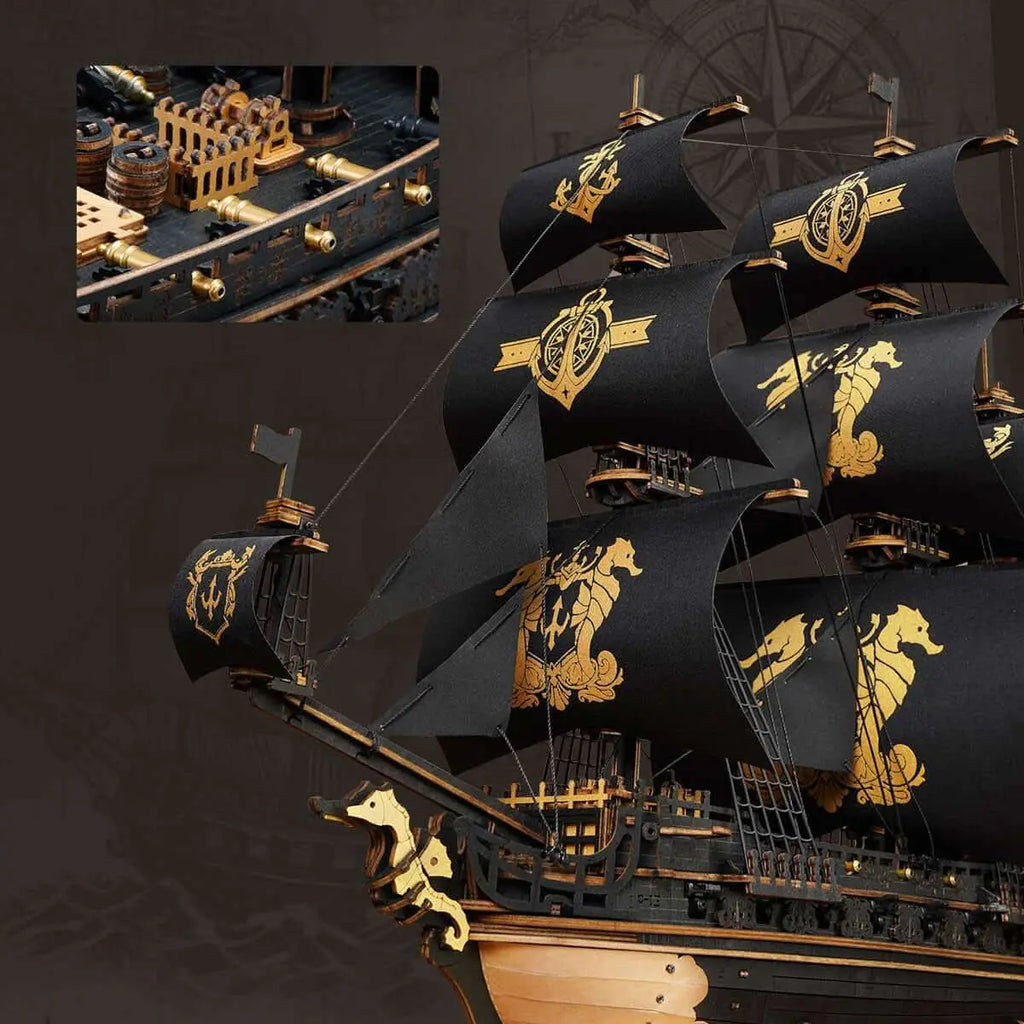 Detailed view of The Seahorse Barque 3D Wooden Puzzle’s bow and sails