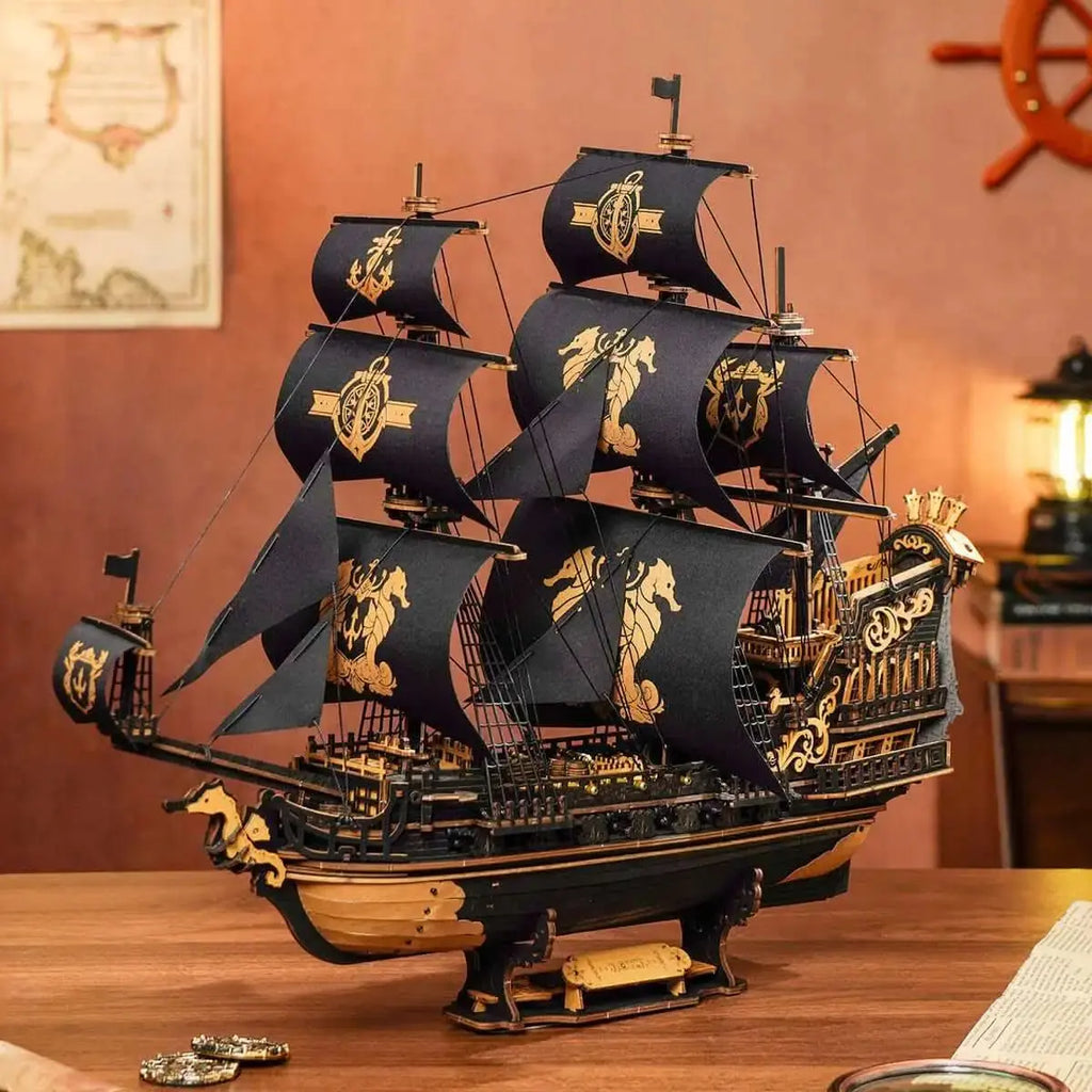 The Seahorse Barque 3D Wooden Puzzle displayed on a wooden table,