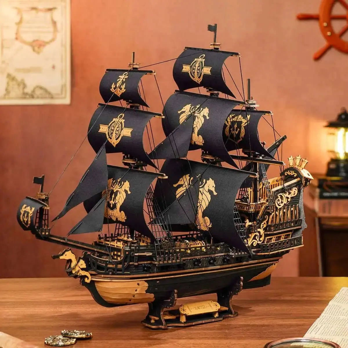 The Seahorse Barque 3D Wooden Puzzle displayed on a wooden table,