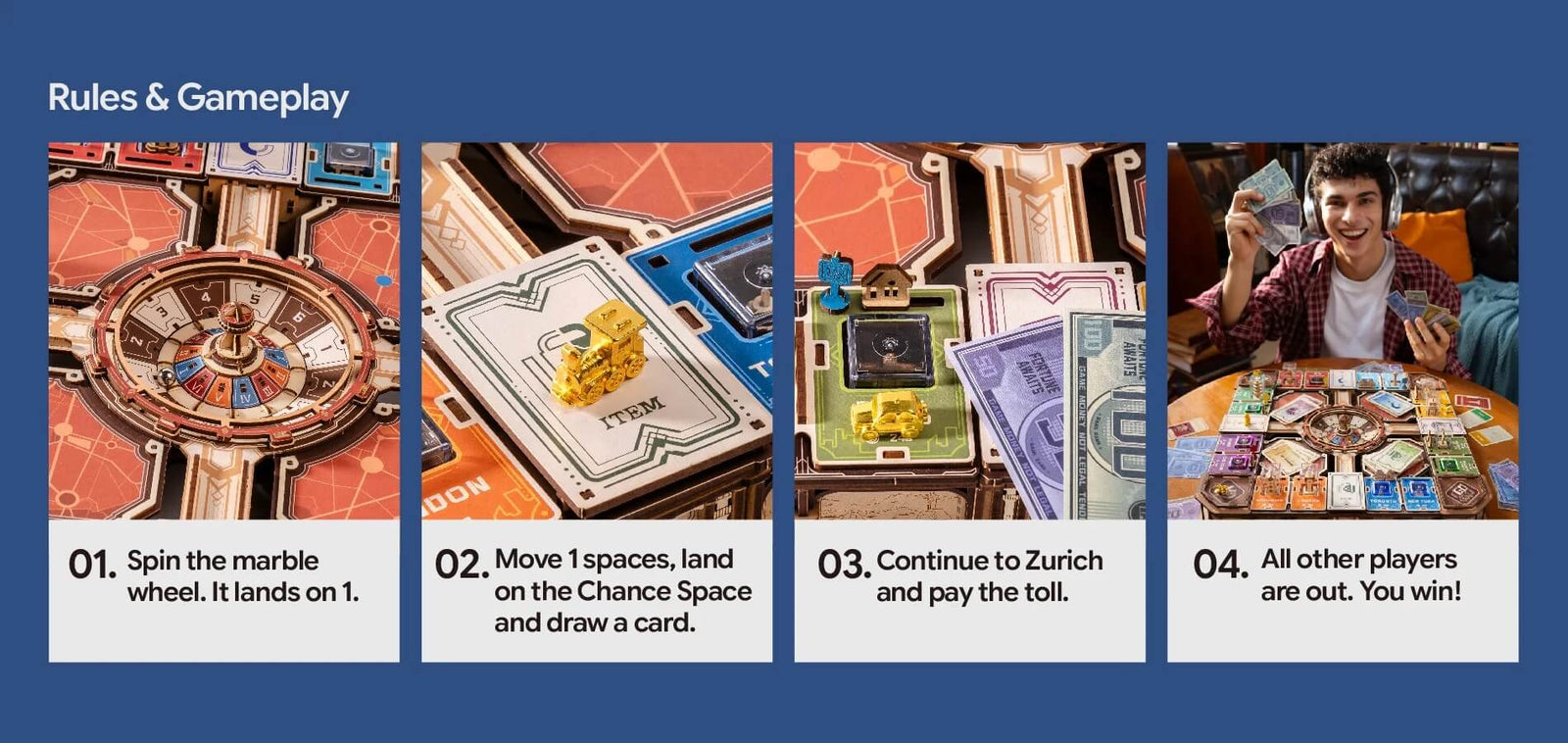 ROKR Fortune Quest gameplay guide showing the marble wheel, Chance cards, property tolls and winning the board game.