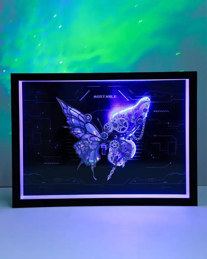 Cyberpunk Phantom Butterfly LED Wall Frame – Illuminated Metal Puzzle Décor