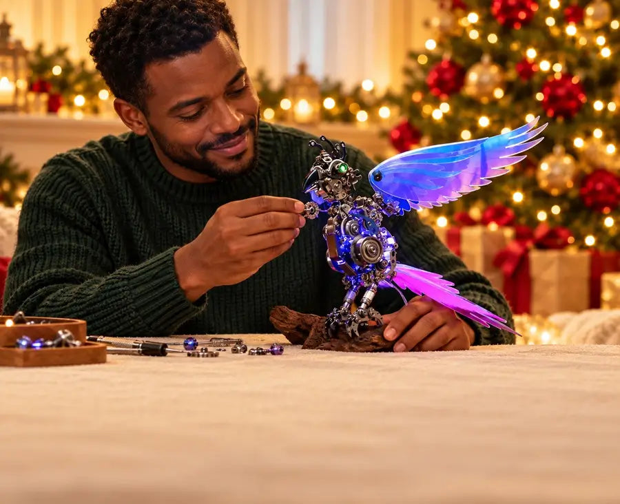 Man working on an illuminated cyberpunk parrot model beside Christmas lights.