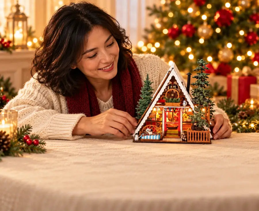 Woman arranging a miniature A-frame cabin in a warmly decorated Christmas home.