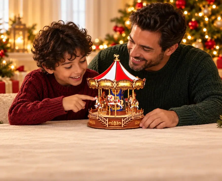 Child and parent enjoying a wooden carousel beside Christmas lights.