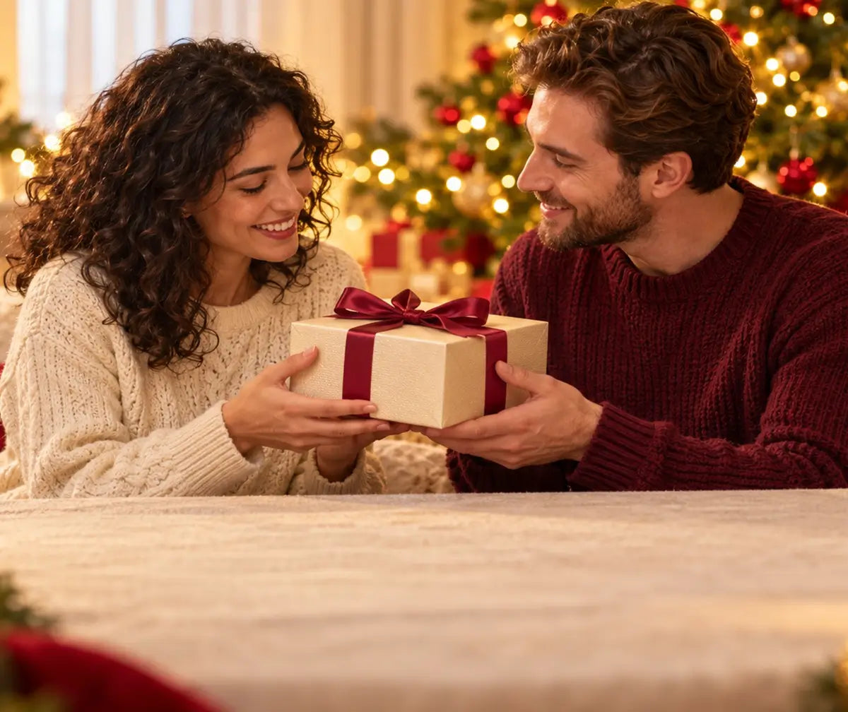Couple sharing a wrapped Christmas gift beside a softly lit tree.