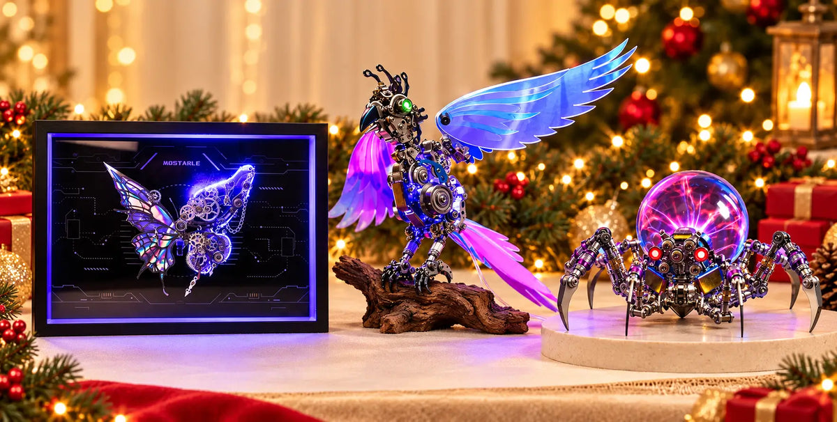 LED butterfly frame, cyberpunk parrot and plasma spider metal models in a festive Christmas display.
