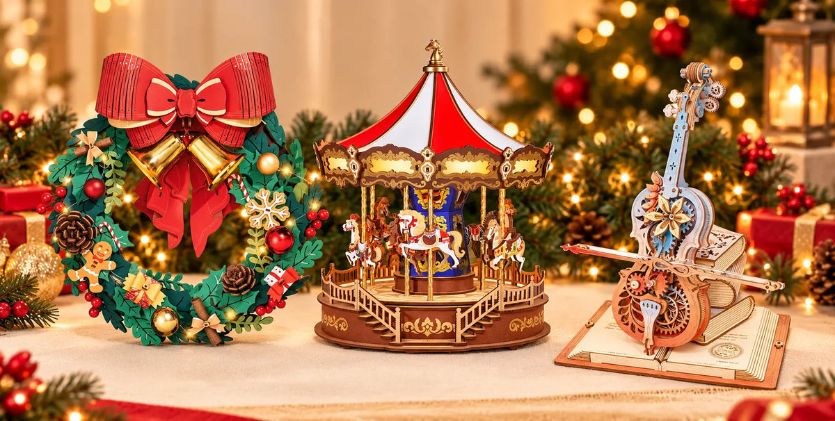 Christmas wreath, classic wooden carousel and mechanical cello displayed with warm festive lights.