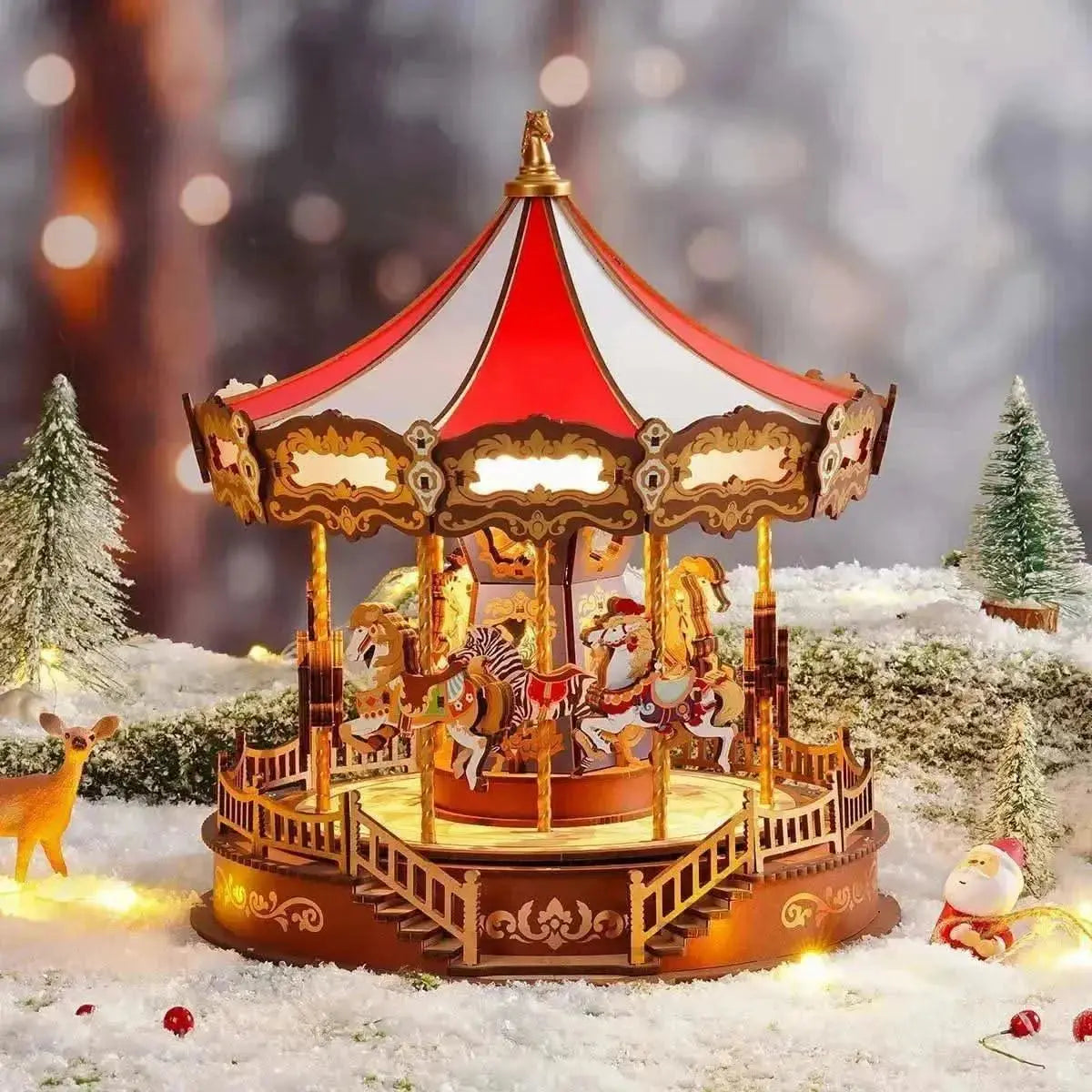 Hand-cranked Wooden Music Box with rotating carousel - Toys Quiz