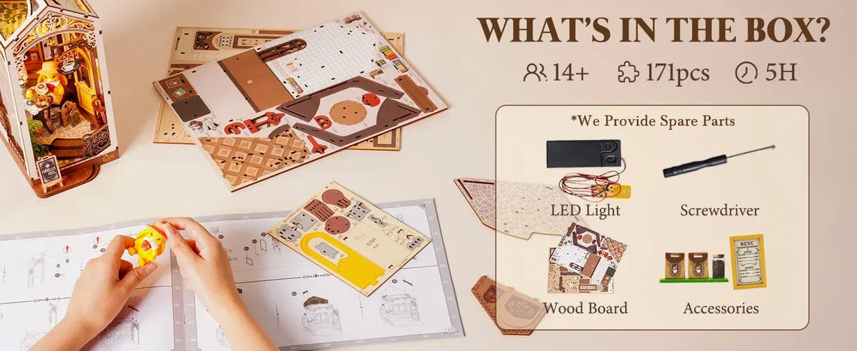 171-piece DIY miniature café kit with wooden sheets, LED light, screwdriver and accessories