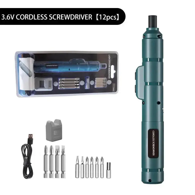 3.6V rechargeable electric screwdriver set with 12 pieces, including multiple bits, USB charger, and case for DIY projects from Toys Quiz.