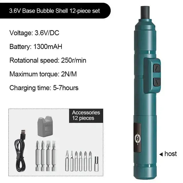 3.6V rechargeable electric screwdriver set with 12 accessories, 1300mAh battery, and 250r/min speed for DIY projects from Toys Quiz.