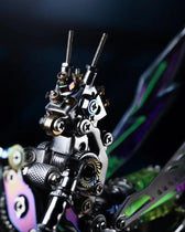 Close-up of mechanical praying mantis head with screws, gears and antenna details