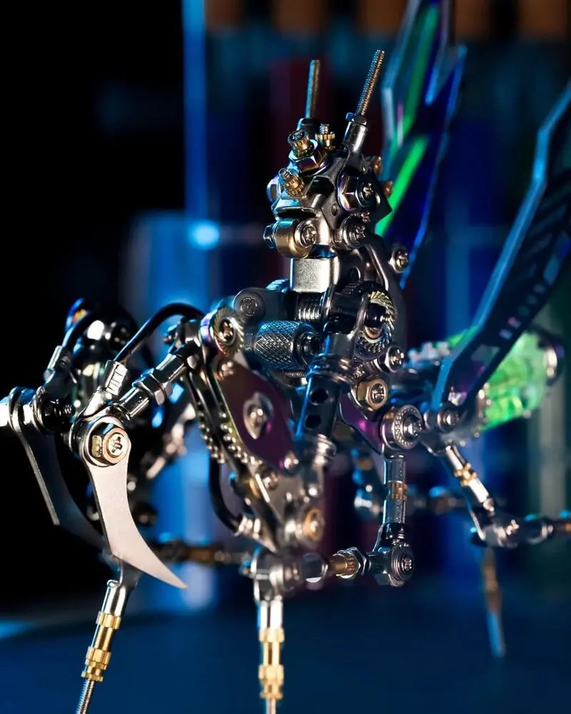 Close-up of Emerald Mantis 3D metal puzzle showing mechanical joints, gears and metal details