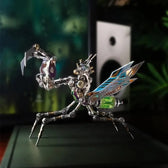 Emerald Praying Mantis metal model displayed indoors with articulated legs and iridescent wings