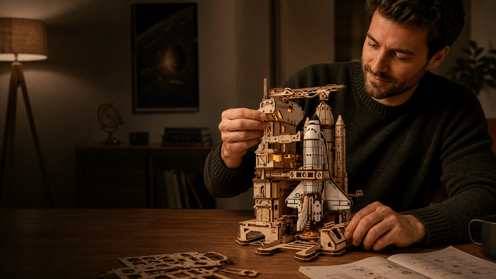 Man assembling the ROKR Space Shuttle 3D wooden puzzle at a cozy table.