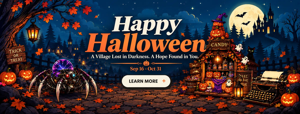 Halloween 3D puzzles and DIY kits in a moonlit village with mechanical spider, candy shop and typewriter