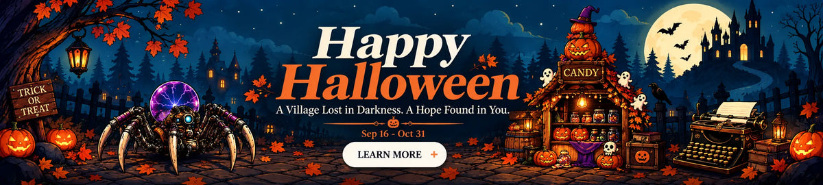 Halloween 3D puzzle and DIY kit banner with mechanical spider, candy shop, pumpkins and haunted village