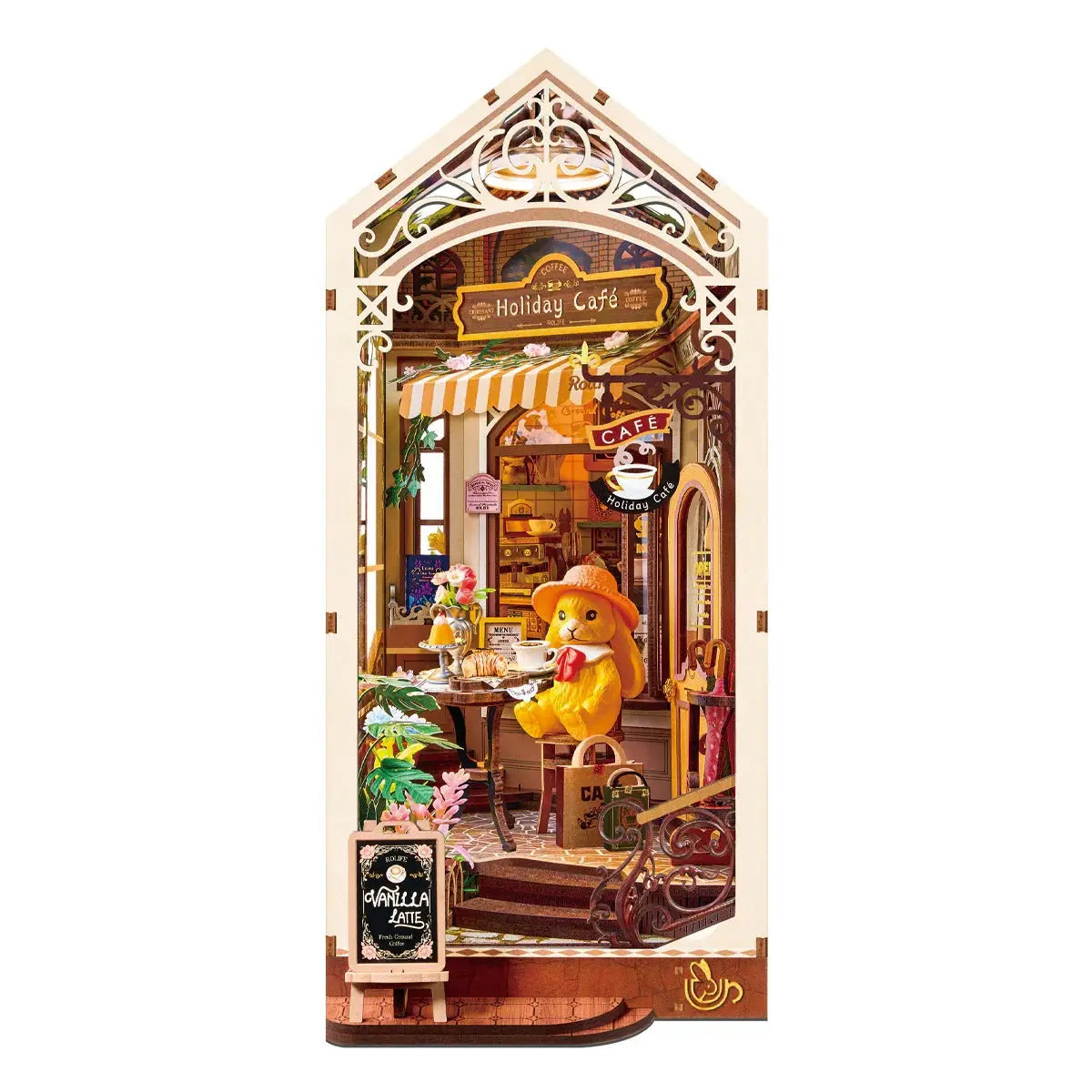 Rolife Holiday Cafe DIY Book Nook Shelf Insert Toys Quiz