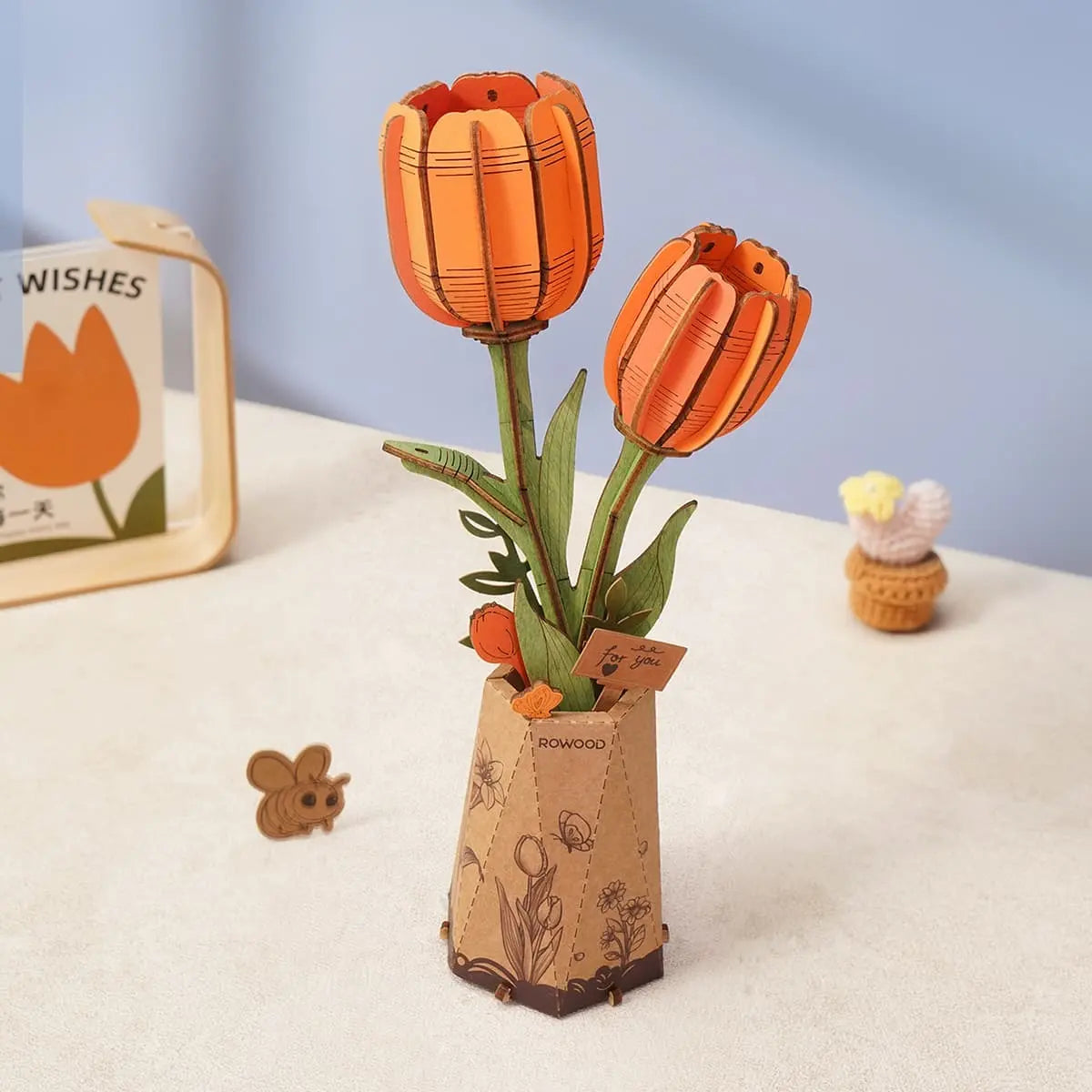 Rowood Orange Tulip DIY Wooden Flower 3D Puzzle Toys Quiz