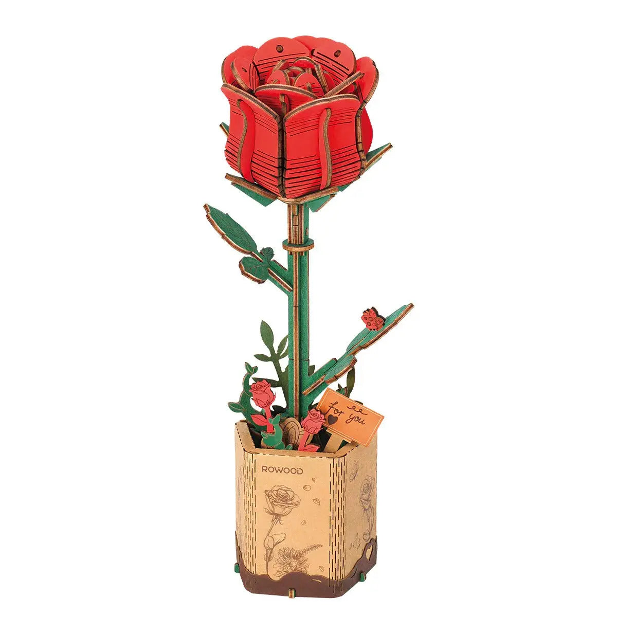 Rowood Red Rose DIY Flower 3D Wooden Puzzle Toys Quiz
