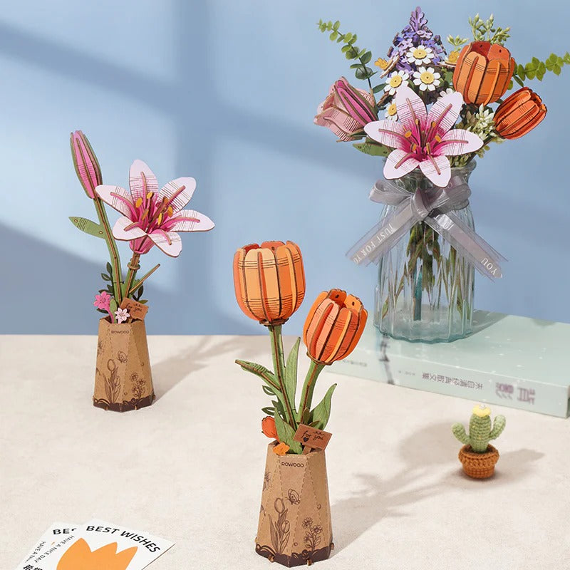 Rowood Orange Tulip DIY Wooden Flower 3D Puzzle