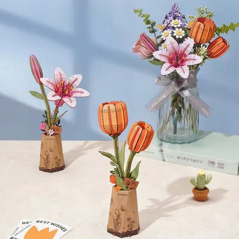 Rowood Orange Tulip DIY Wooden Flower 3D Puzzle Toys Quiz