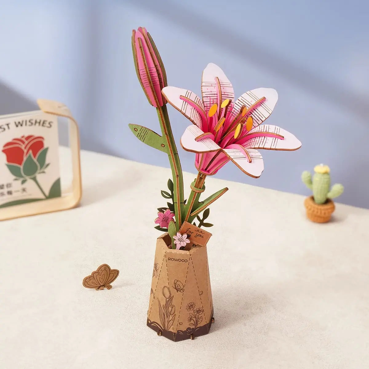 Rowood Pink Lily DIY Flower 3D Wooden Puzzle Toys Quiz