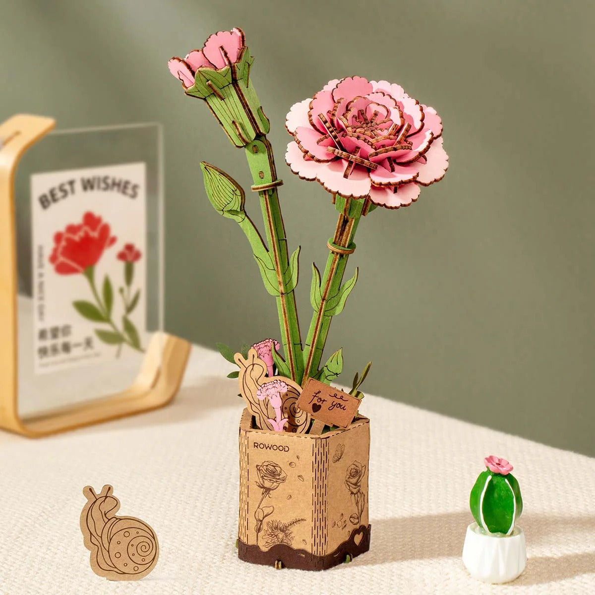 Rowood Pink Carnation DIY Wooden Flower 3D Puzzle
