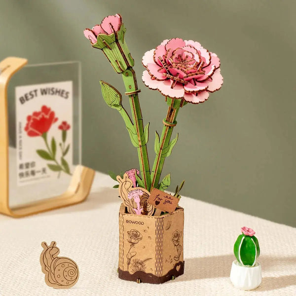 Rowood Pink Carnation DIY Wooden Flower 3D Puzzle Toys Quiz