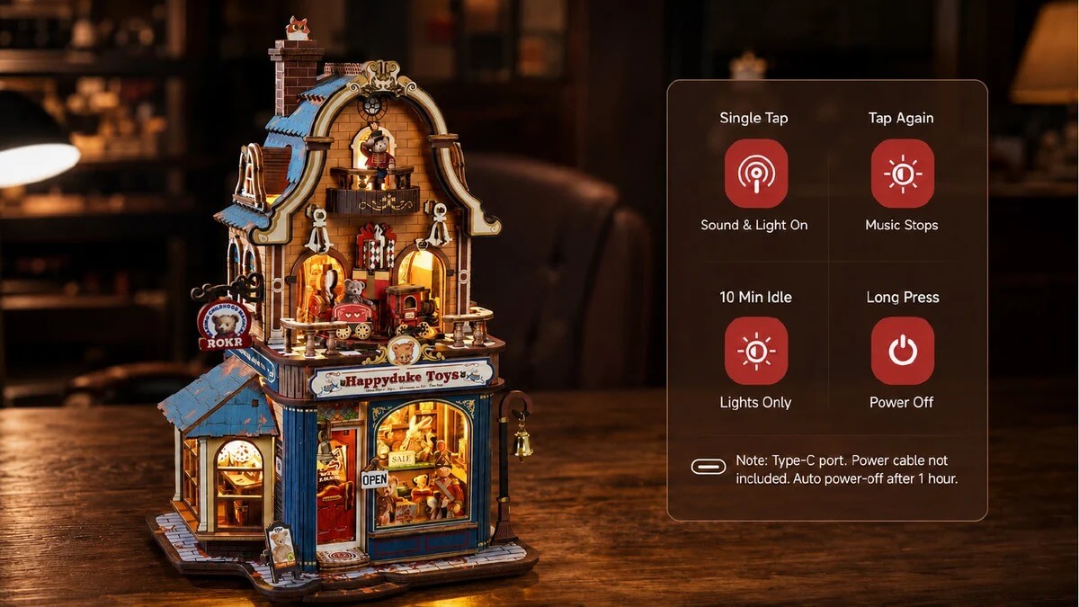 ROKR Happyduke Toys EAM01 illuminated wooden toy shop with touch controls for sound, lighting and power modes